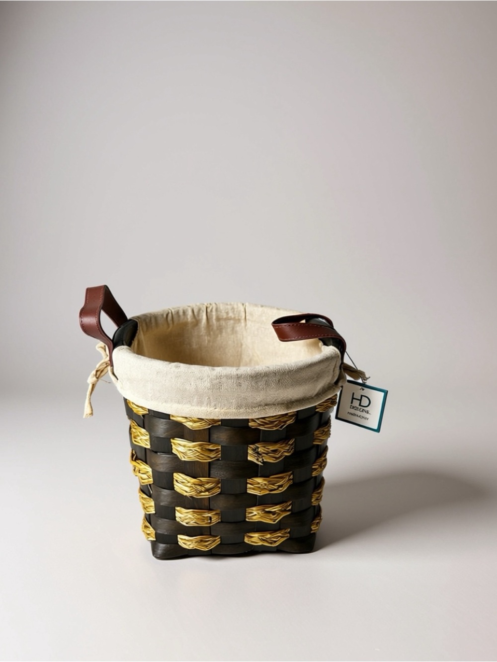 NWT $24.99 Black & Gold Woven Storage Basket with Cream Liner 9x10